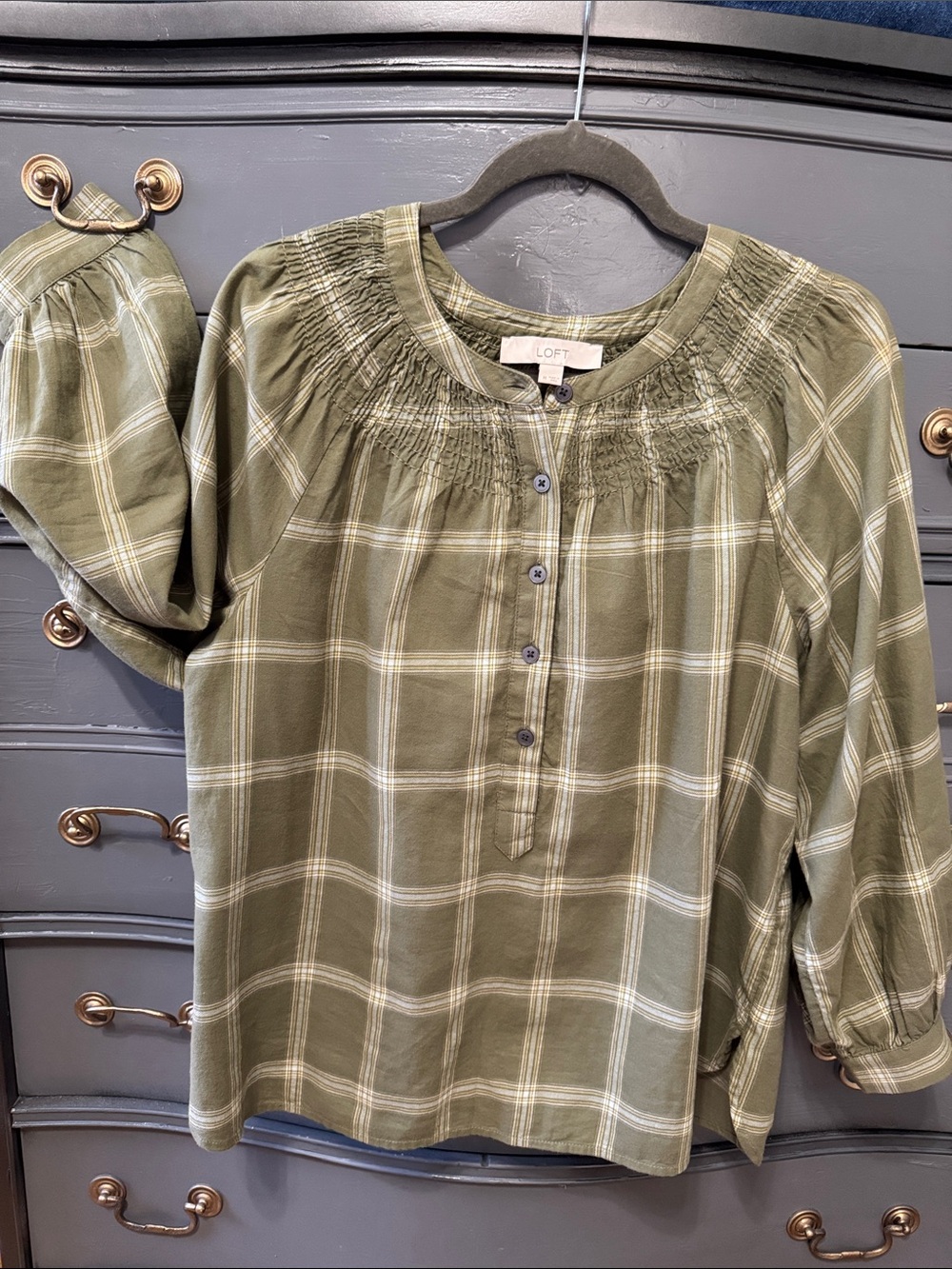 LOFT Olive Plaid Smocked-Yoke Button Henley Top